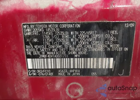 2010 Toyota Rav4 from USA, damaged, VIN JTMBF4DV1AD031711